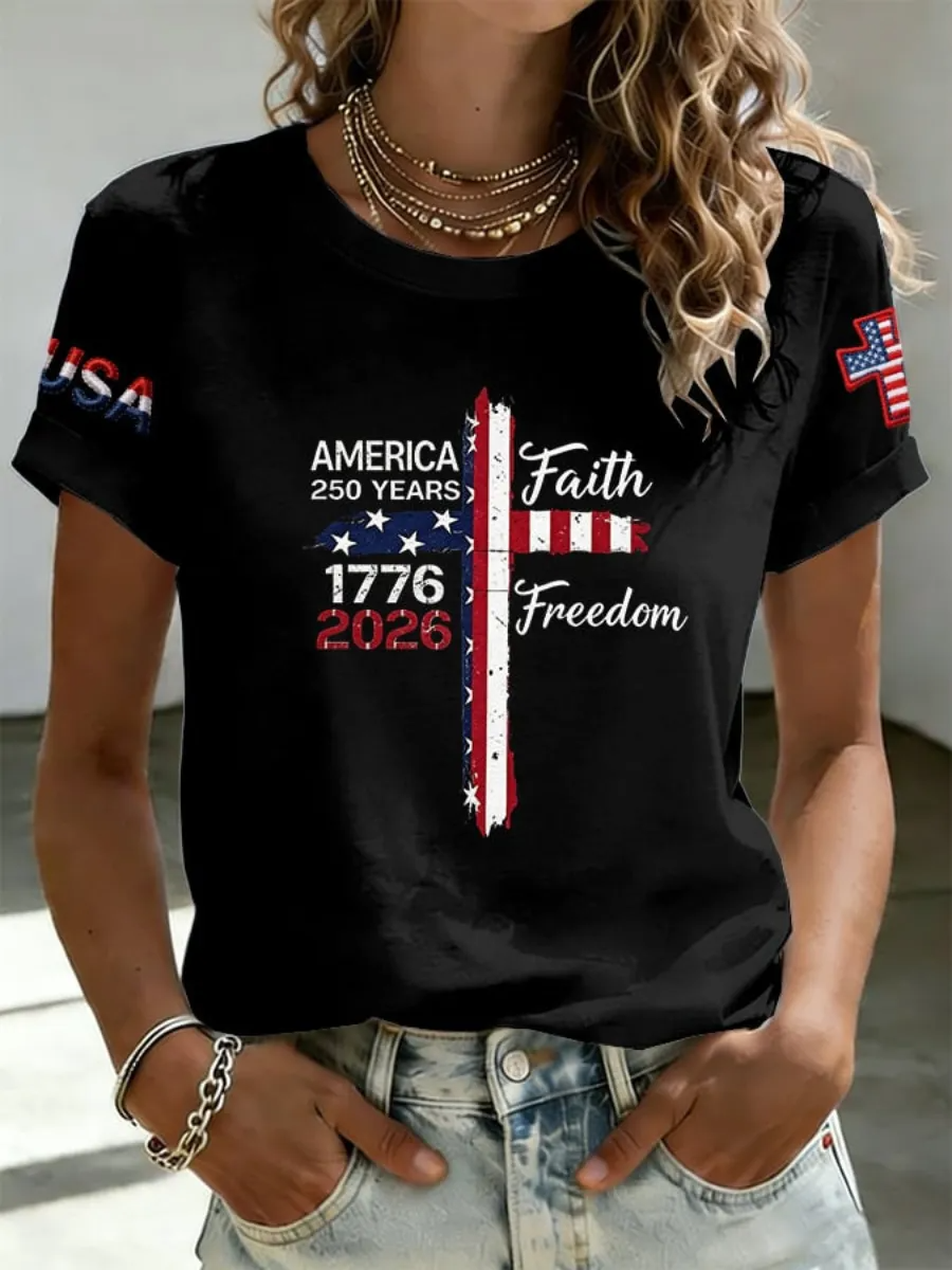 America 250 Years Faith Freedom Cross Shirt, Patriotic T-Shirt, Stars And Stripes Shirt