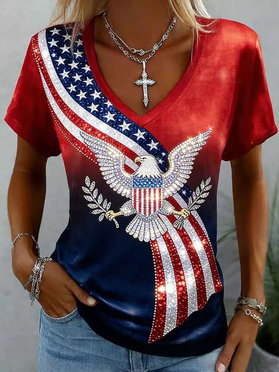 Sparkle Eagle American Flag Red Blue V-Neck T-Shirt, Freedom Shirt, Independence Day Shirt