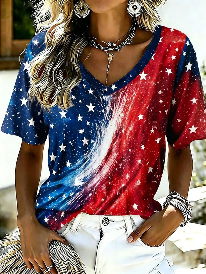 Red Blue Stars American Flag V-Neck T-Shirt, USA Flag Shirt, Independence Day Shirt