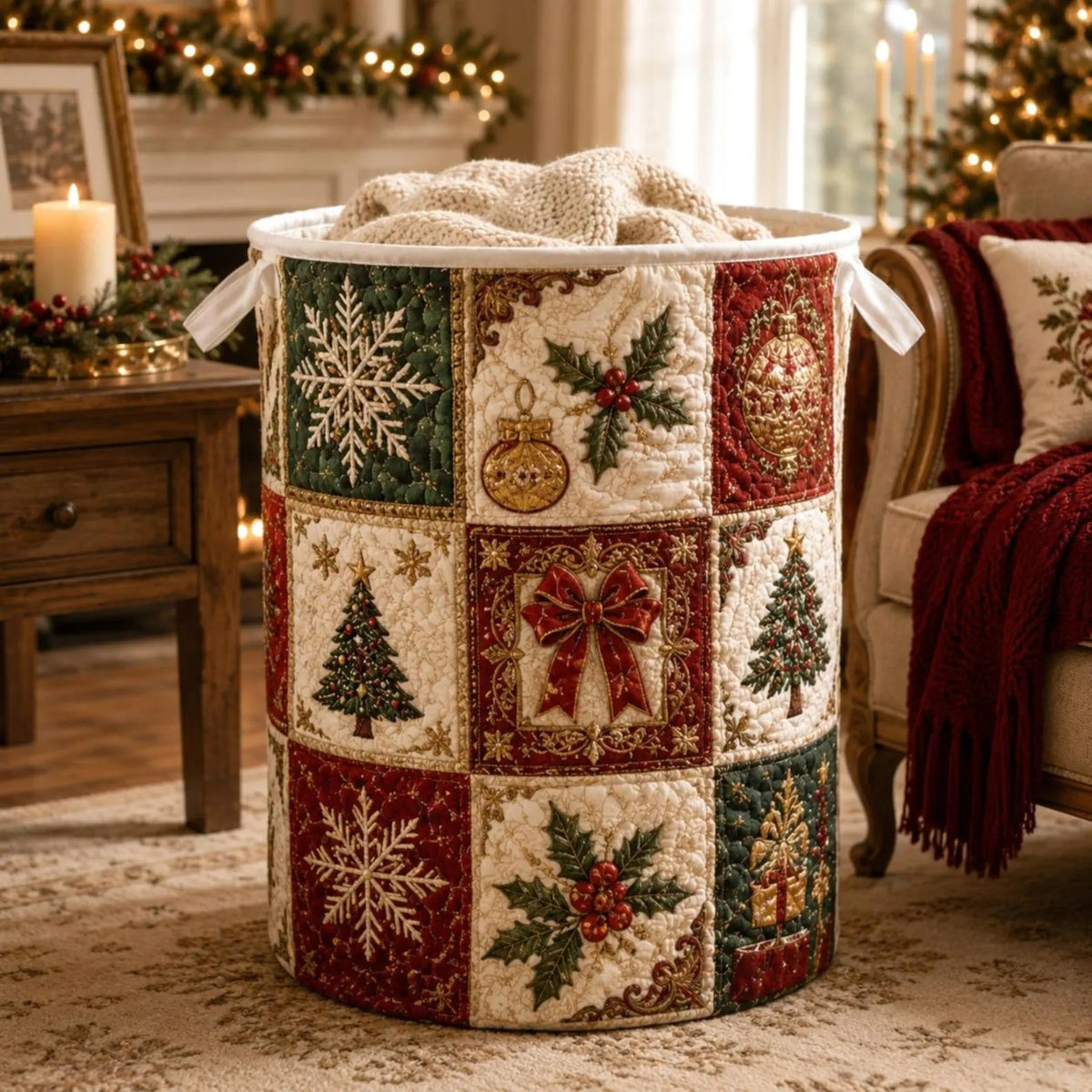 Christmas Patchwork Laundry Basket, Clothes Hamper, Christmas Gift For Grandma