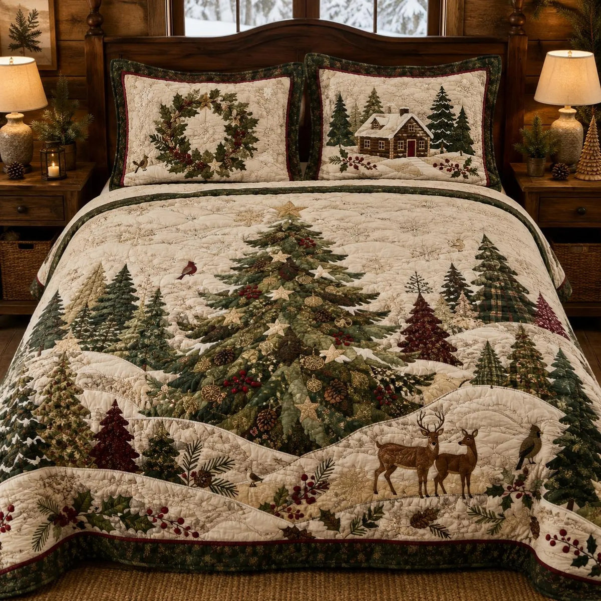 Christmas Tree Deer Quilted Bedding Set, Christmas Bedding, Holiday Gift For Mom