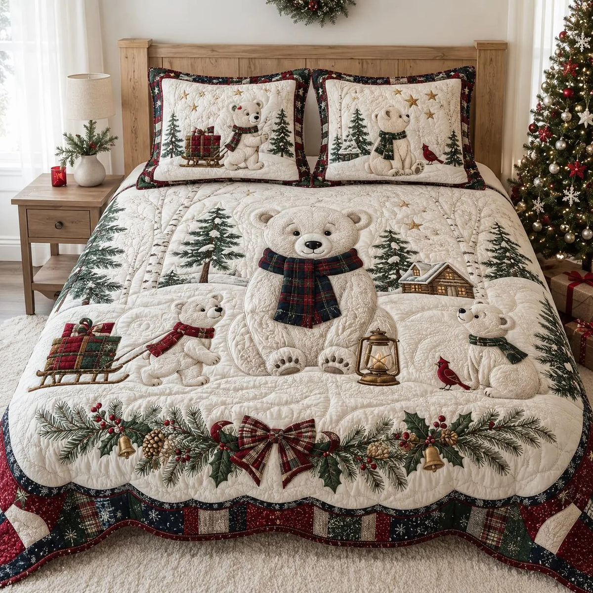 Polar Bear Christmas Quilted Bedding Set, Christmas Bedding, Holiday Gift For Mom