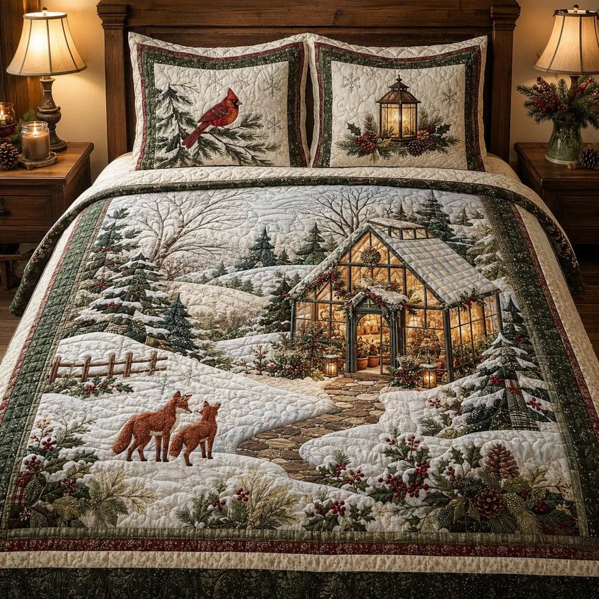Winter Greenhouse Quilted Bedding Set, Christmas Home Decor, Holiday Gift For Mom