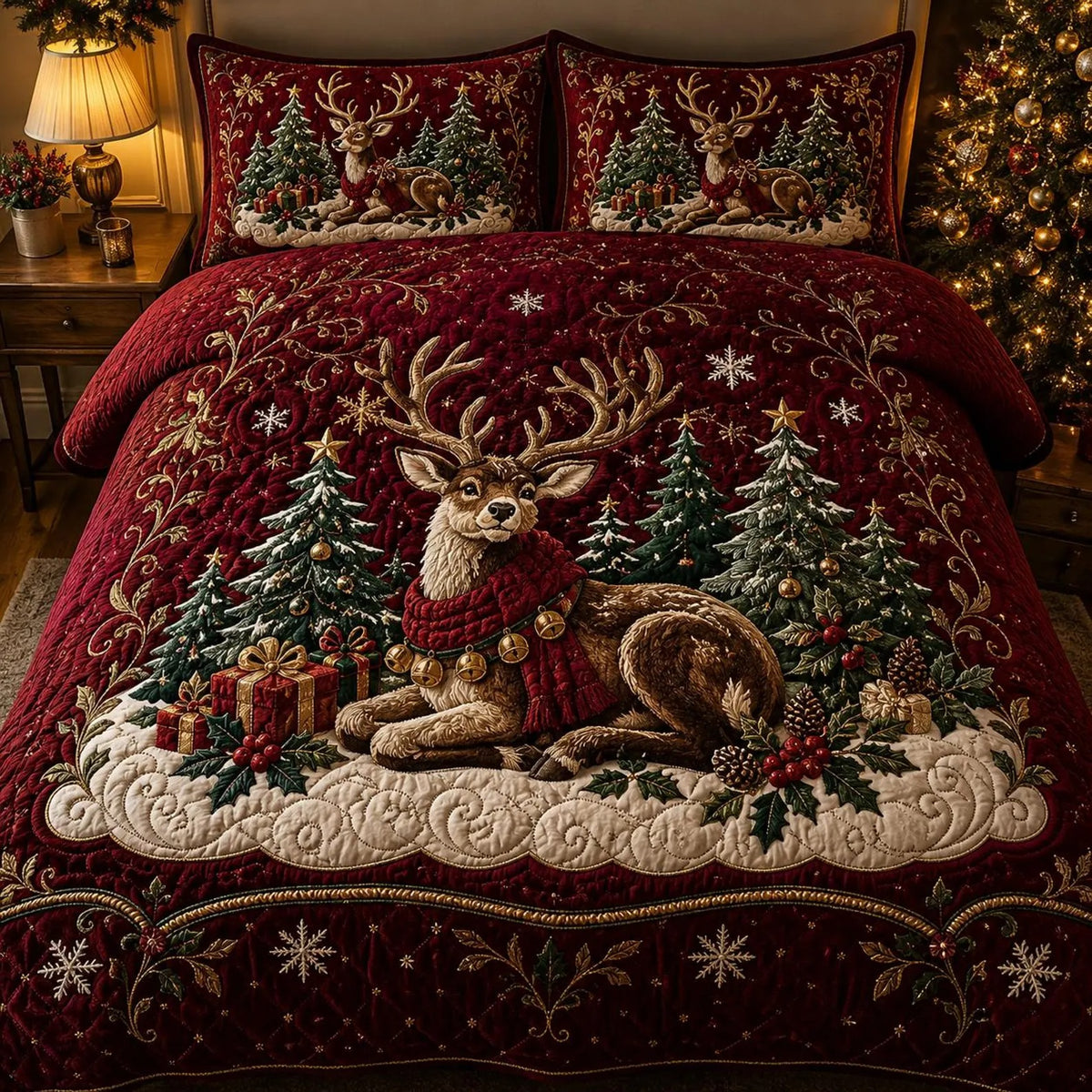 Christmas Reindeer Quilted Bedding Set, Holiday Bedding, Christmas Bedroom Decor