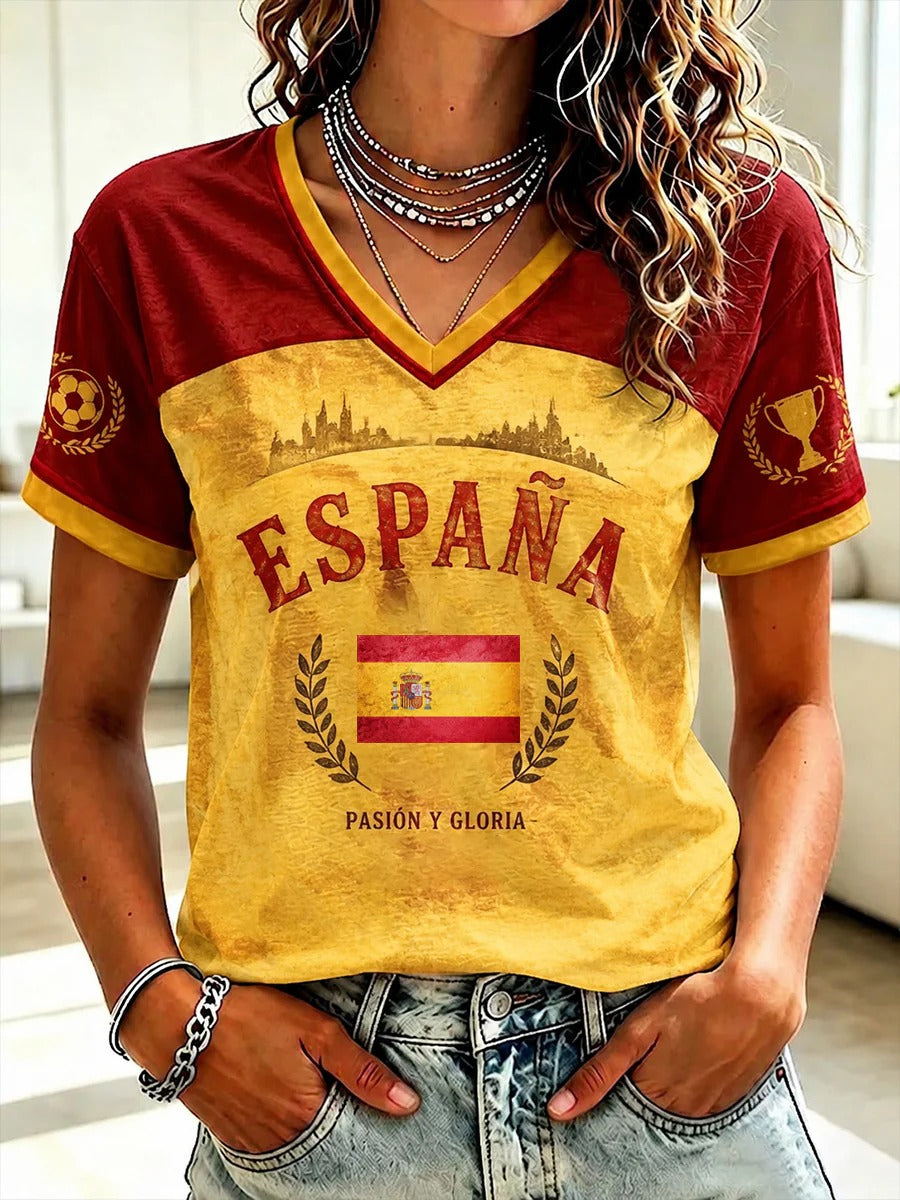 Red And Yellow Ringer ESPANA V-neck Shirt Soccer Champion Shirt Gameday Soccer Shirt