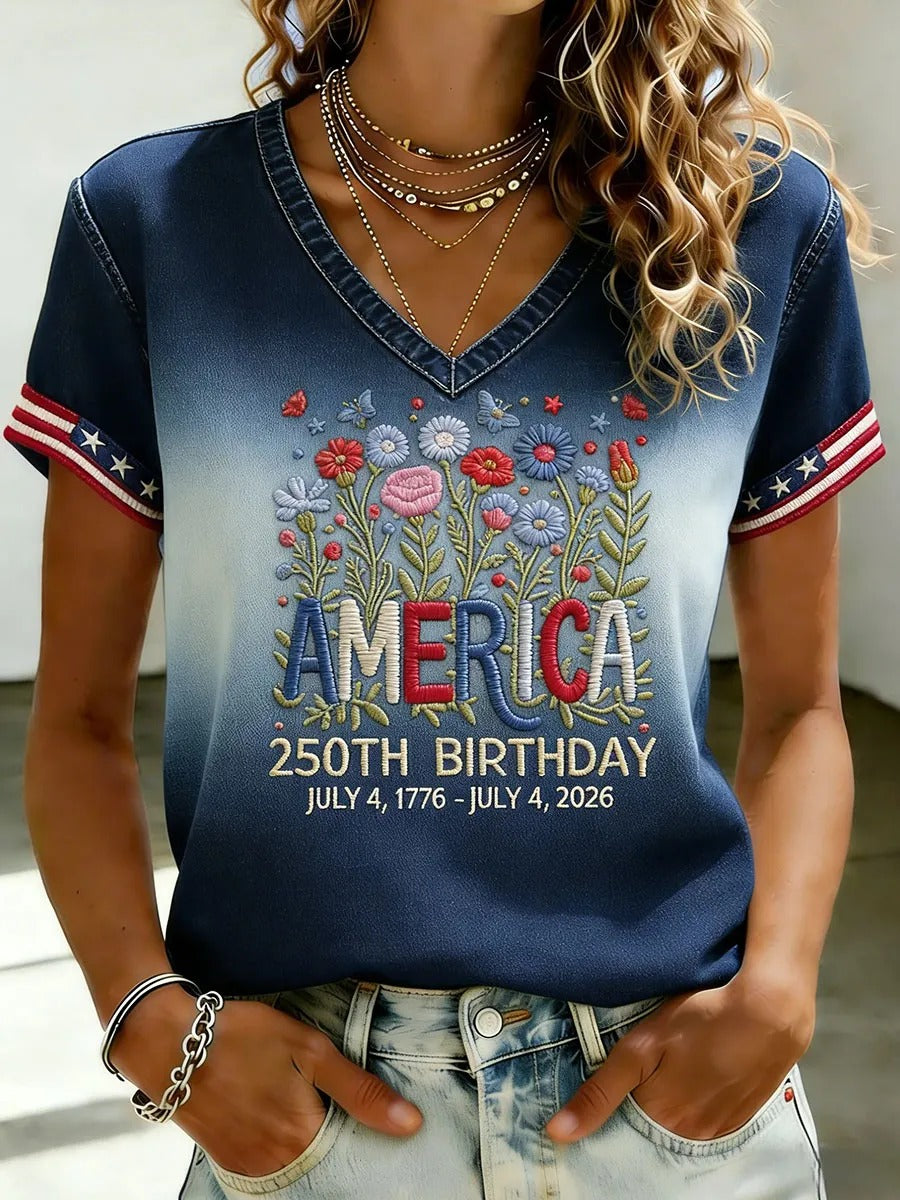 America 250th Birthday Shirt for Women, Patriotic Floral Embroidered Design, 4th Of July Shirt