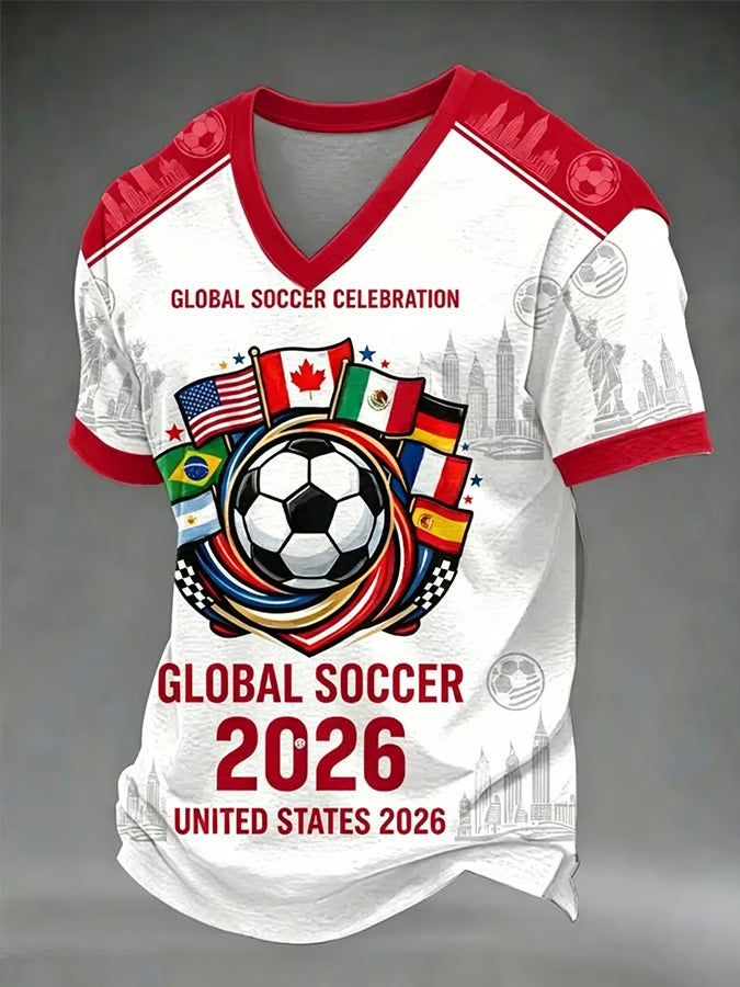 Global Soccer 2026 Men Retro V-Neck T-Shirts, Football Lover We Are 26 Soccer Shirt