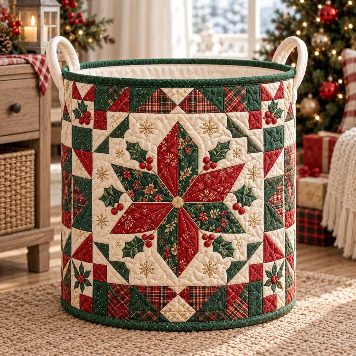 Christmas Poinsettia Quilt Laundry Basket, Laundry Hamper, Christmas Gift For Mom
