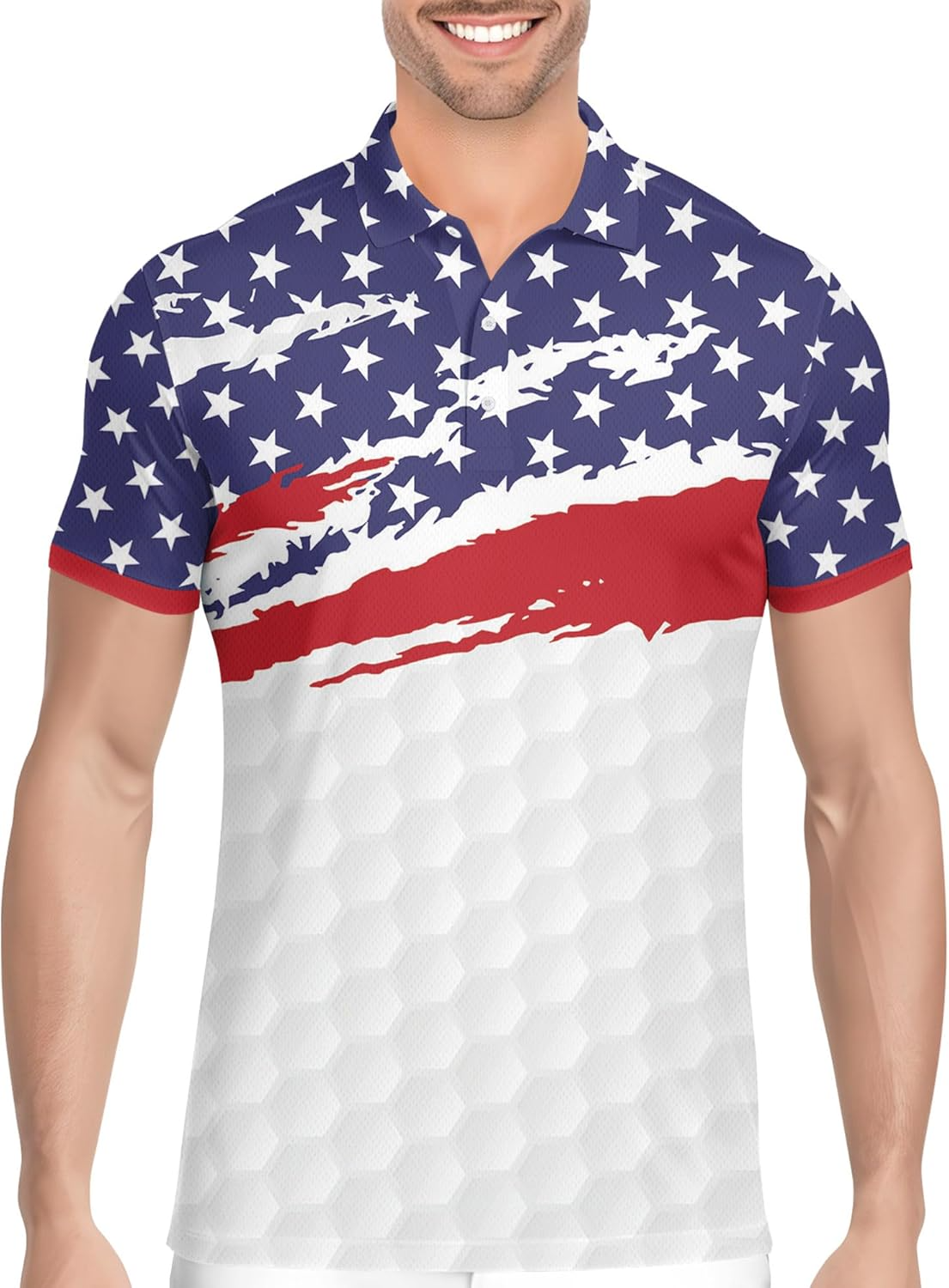 Red, White and Blue American Flag Patriotic Golf Polo Shirts, Golf Gift For Men, Golf Shirts For Men