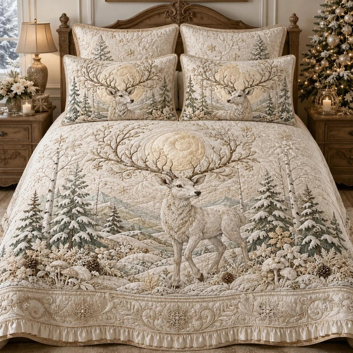 Winter White Reindeer Quilted Bedding Set, Christmas Gift For Her, Gift For Mom