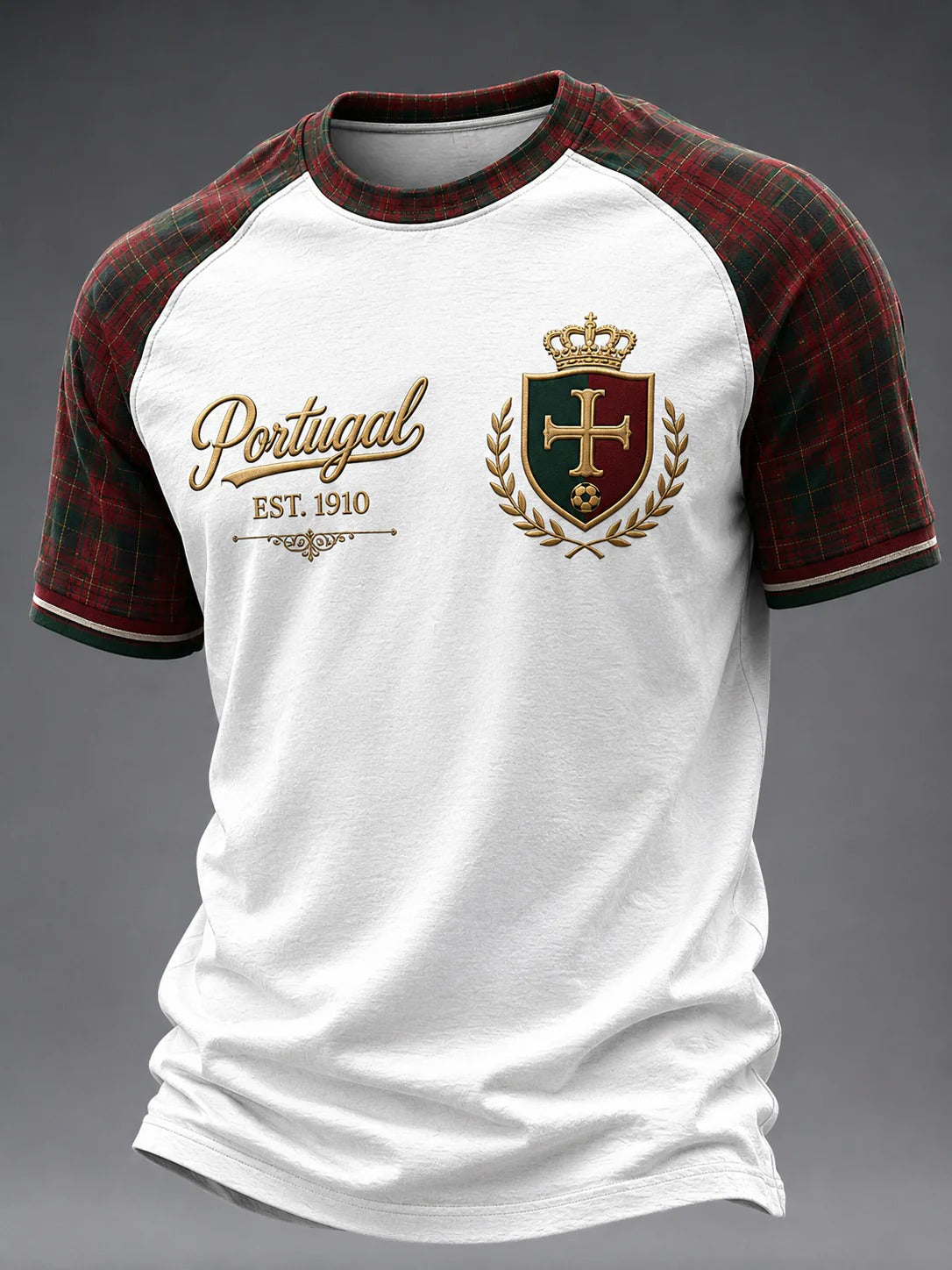 Portugal Plaid Sleeve Graphic Shirt, Portuguese Soccer Fan Tee, Printed Football Apparel