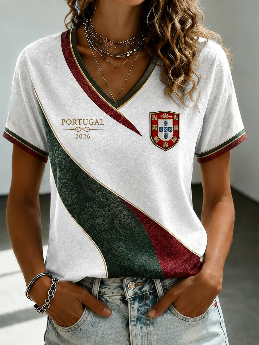 Portuguese Crest V-Neck Shirt With Heritage Stripe, Soccer Supporter Tee, Graphic Football Apparel