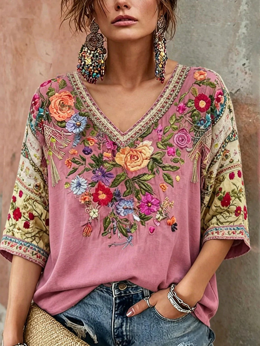 Vintage Ethnic Style Floral Breast Cancer Awareness Support Half-Sleeves V-Neck Shirt
