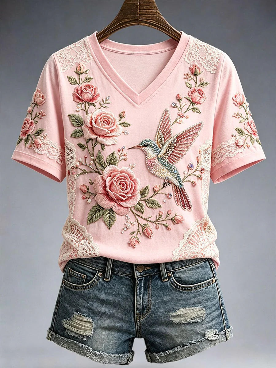 Women's Pink Floral & Hummingbird 3D Effect V-Neck T-Shirt, Breast Cancer Support Gift