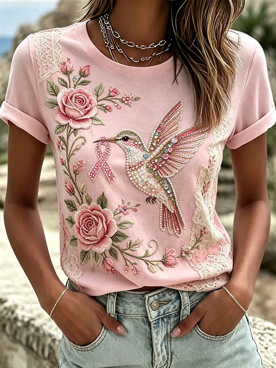 Women’s Diamond Hummingbird Pink Ribbon Awareness T-Shirt, Breast Cancer Support Gift