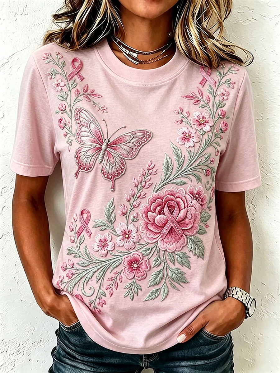 Floral Butterfly Pink Ribbon Tee - Supportive Women's Graphic T-Shirt, Breast Cancer Awareness Shirt