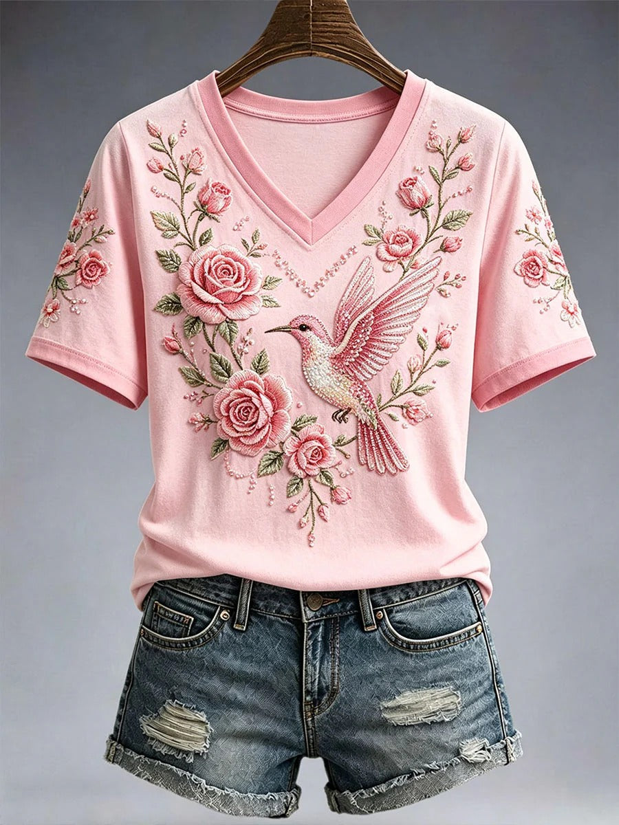 Women’s Rose Bird Pink Ribbon Support V-neck Shirt, Breast Cancer Shirts, Breast Cancer Support Gift