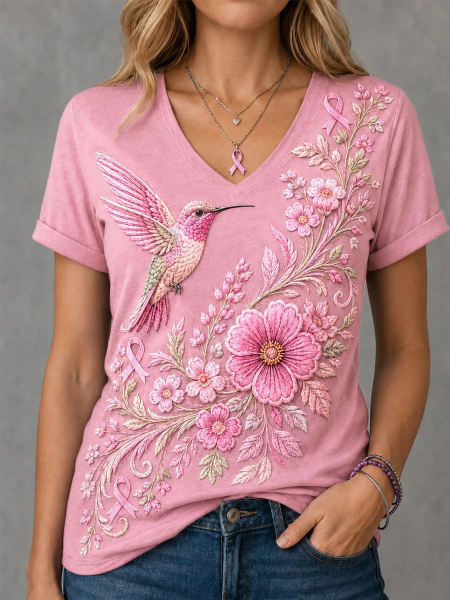 Hummingbird Pink Ribbon V-neck, October Pink October Apparel, Breast Cancer Awareness Shirt