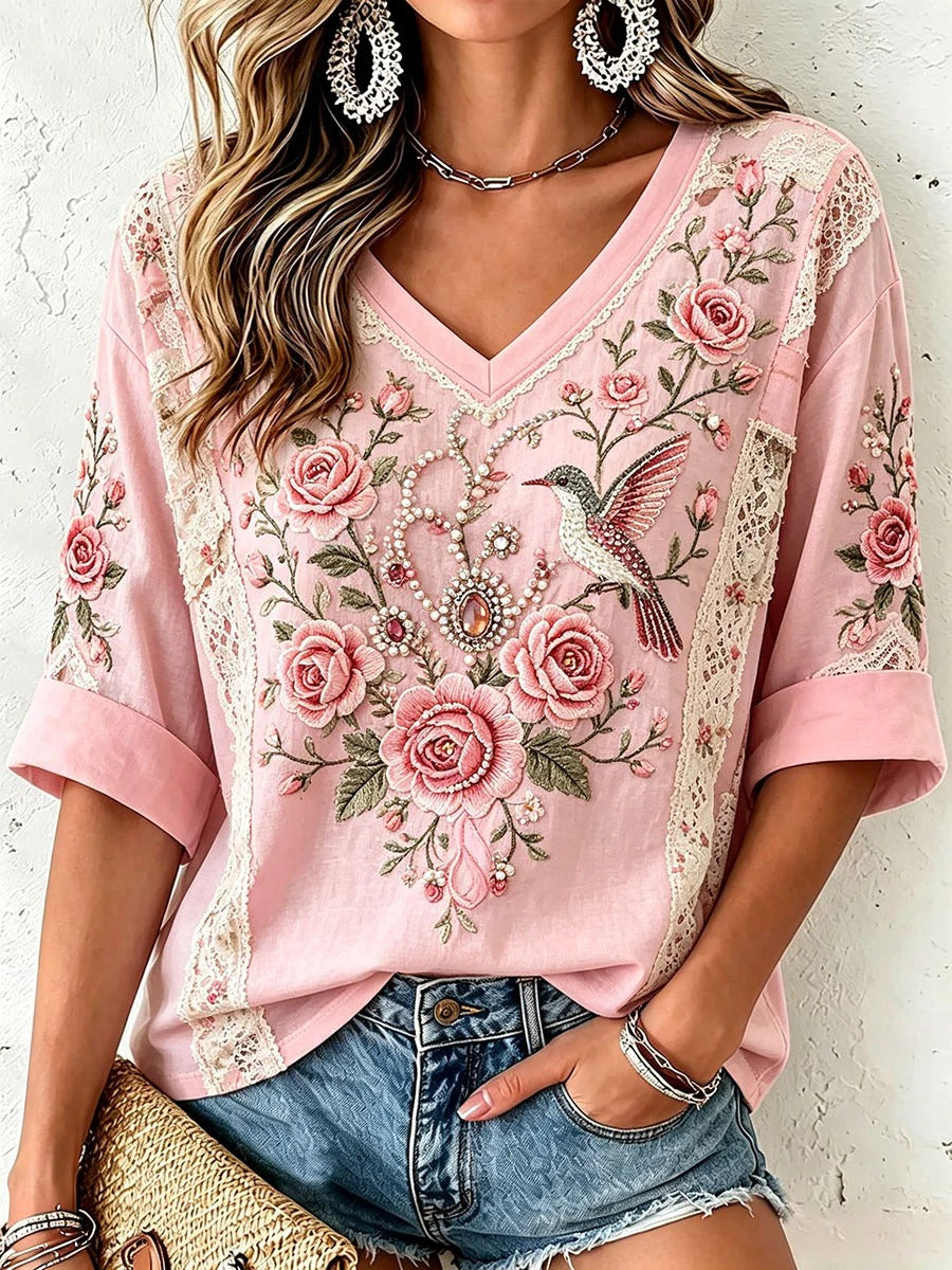 Pink Floral Hummingbird October Breast Cancer Awareness Support Half-Sleeves V-Neck Shirt