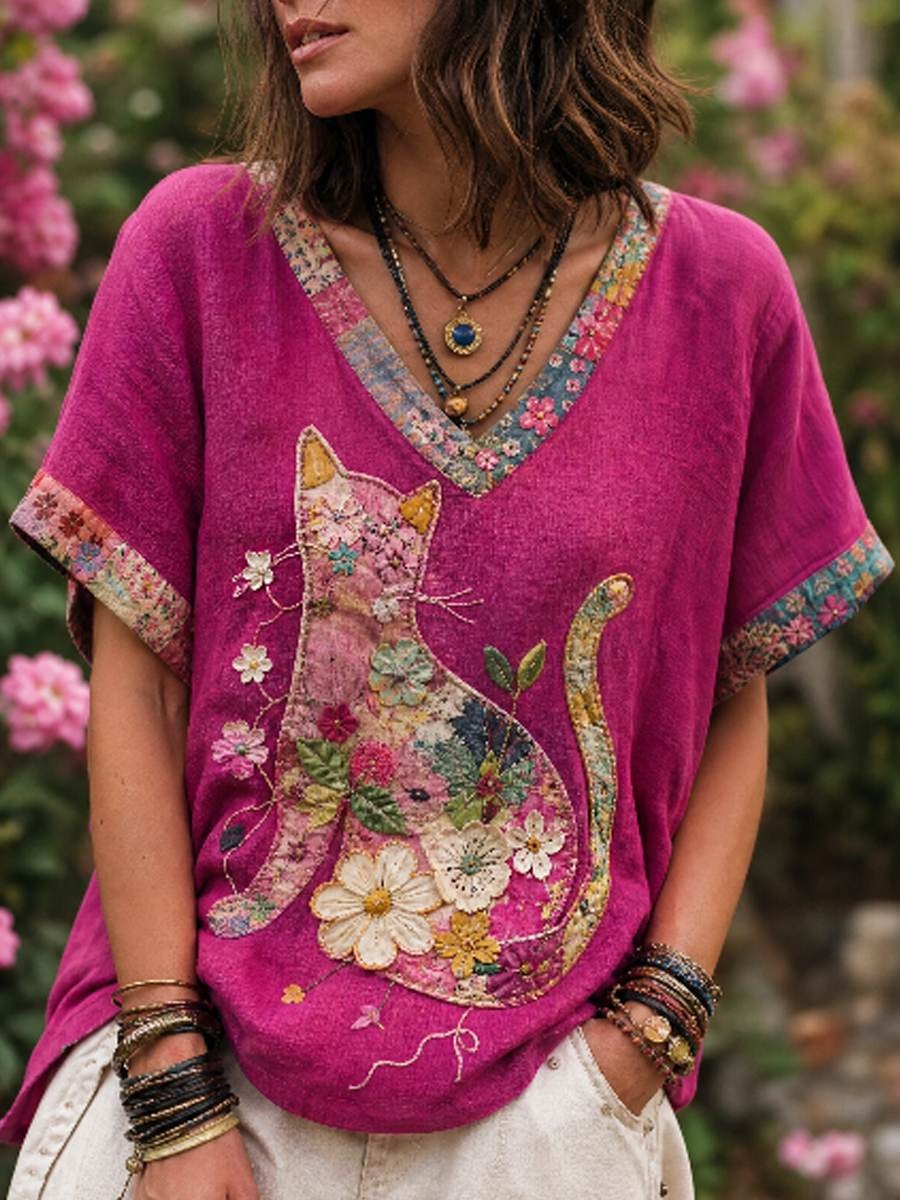 Vibrant Floral Cat Hope & Strength V-Neck Shirt, In October We Wear Pink Breast Cancer Shirt