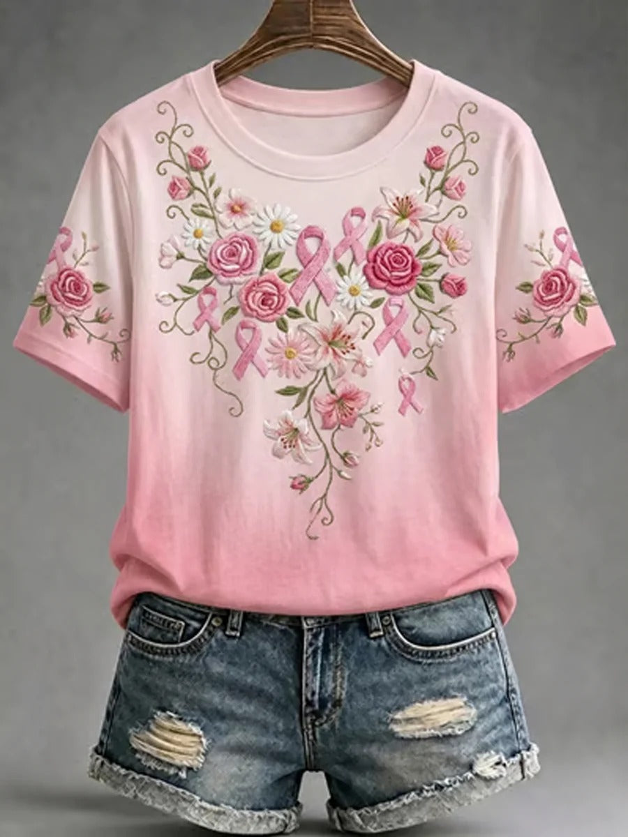 Pink Rose & Lily Awareness V-Neck Shirt, In October We Wear Pink Breast Cancer Shirt