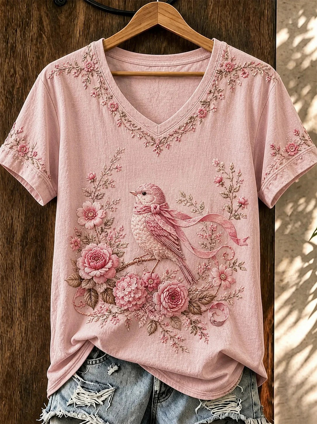 Pink Ribbon Floral Bird Survivor Support V-Neck Shirt, In October We Wear Pink Breast Cancer Shirt