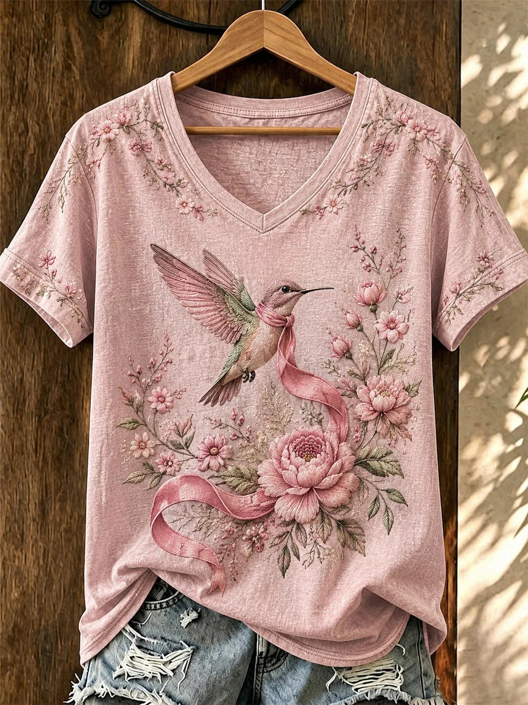 Pink Ribbon Hope Blooms V-Neck Shirt, In October We Wear Pink Breast Cancer Shirt