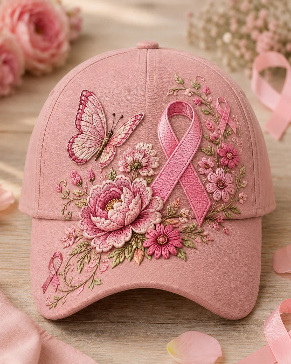 Pink Floral Butterfly Adjustable Pink Ribbon Support Cap, Breast Cancer Awareness Gift
