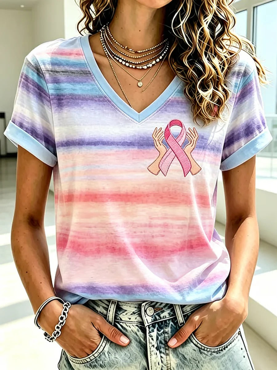 Striped Pink Ribbon Awareness V-Neck Shirt, In October We Wear Pink Breast Cancer Shirt