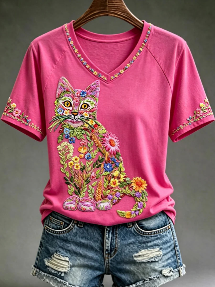 Whimsical Botanical Cat Awareness T-Shirt, In October We Wear Pink Breast Cancer Shirt