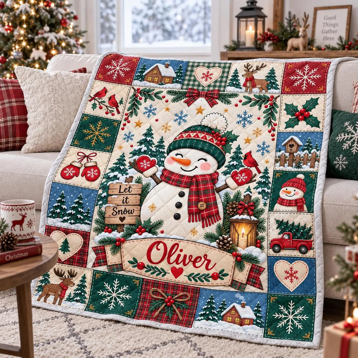 Personalized Snowman Quilt Blanket, Christmas Gift For Kids, Holiday Home Decor