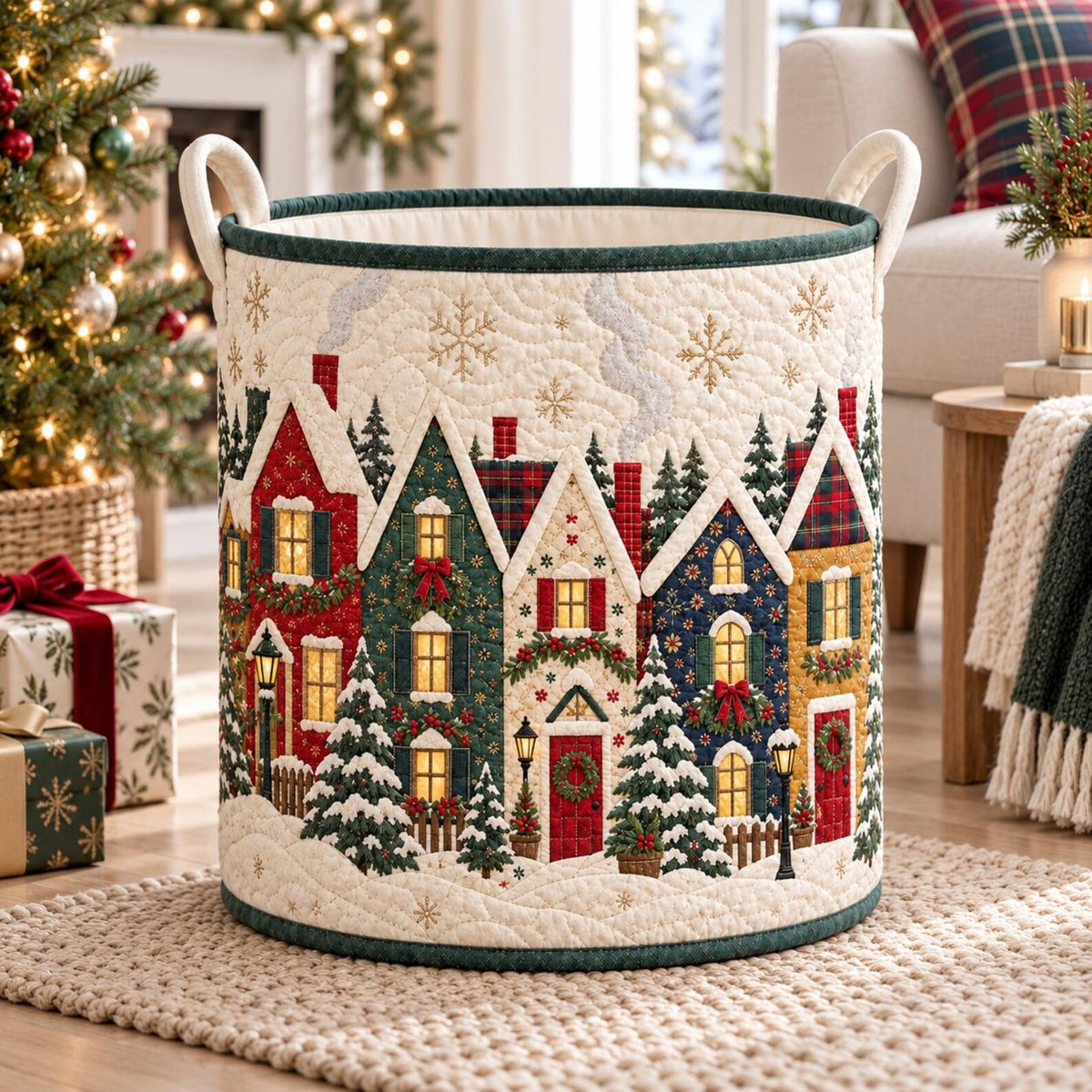 Snowy Christmas Village Laundry Basket, Laundry Hamper Basket, Gift For Grandma