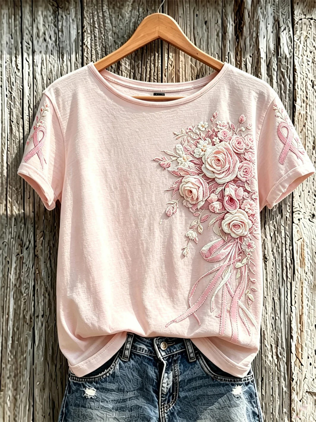 Support & Hope Floral Appliqué Pink Top, Breast Cancer Awareness Month, Breast Cancer Shirts