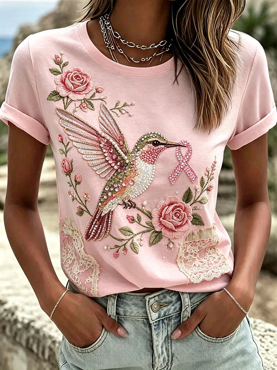 Diamond Bird And Rose Support Pink Ribbon Shirt, In October We Wear Pink Breast Cancer Shirt