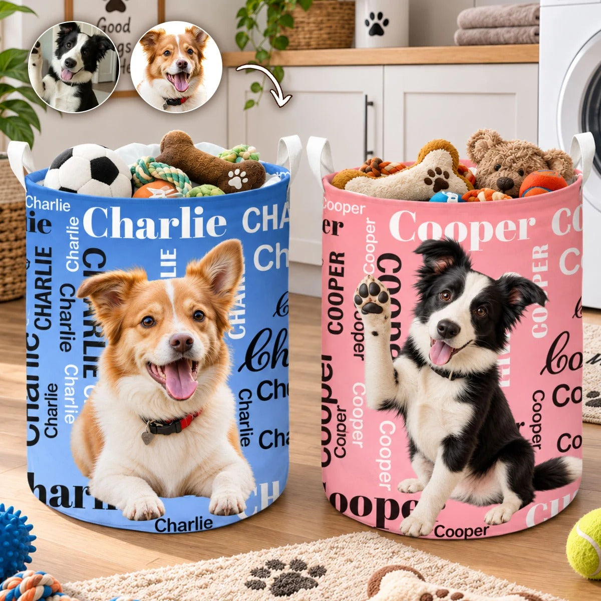 Custom Pet Photo and Name Laundry Basket, Laundry Hamper, Dog Storage Basket