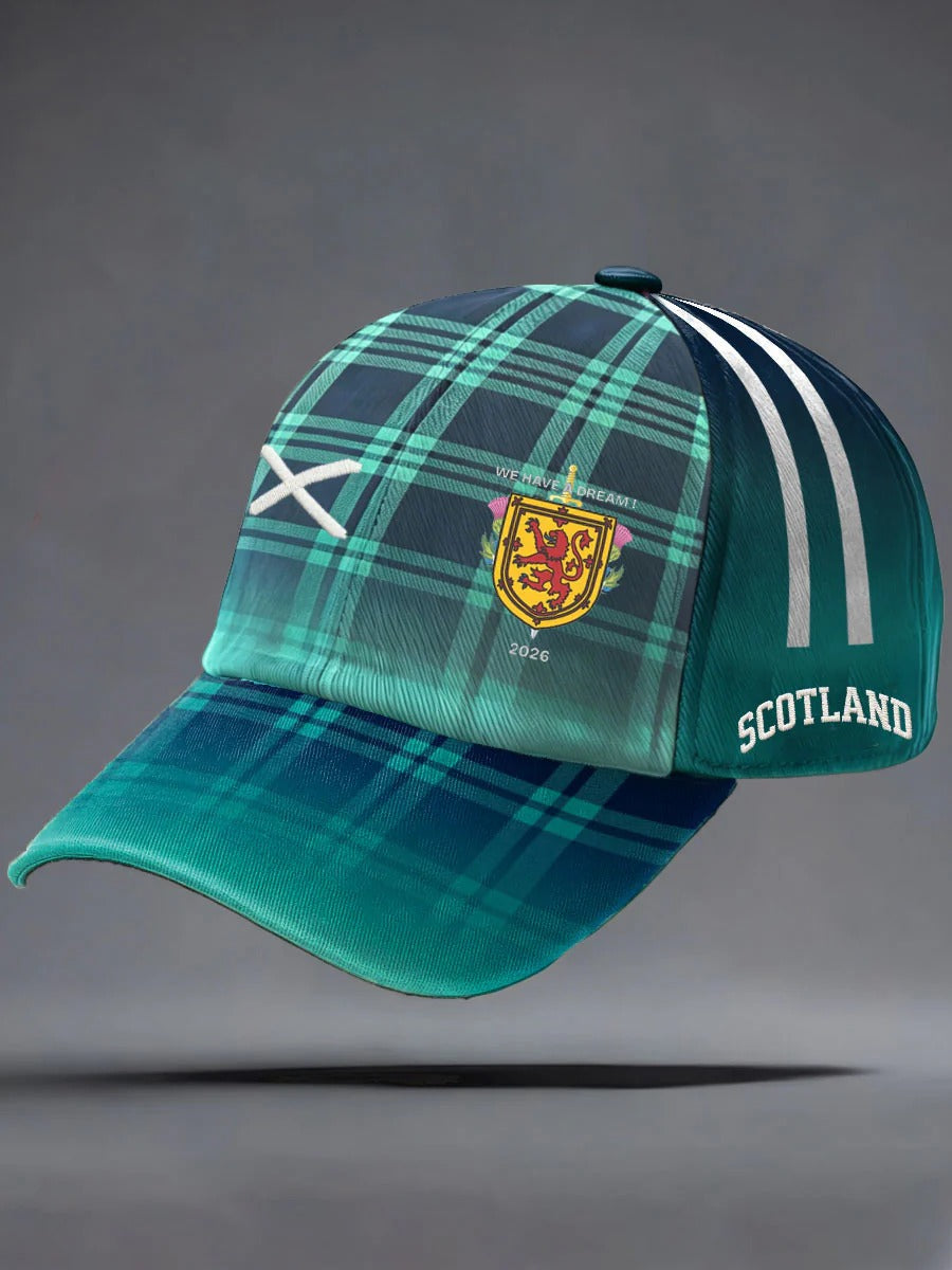 2026 Scotland Green Blue Tartan Print Baseball Cap, Soccer Fans Caps Unisex Adjustable Cap