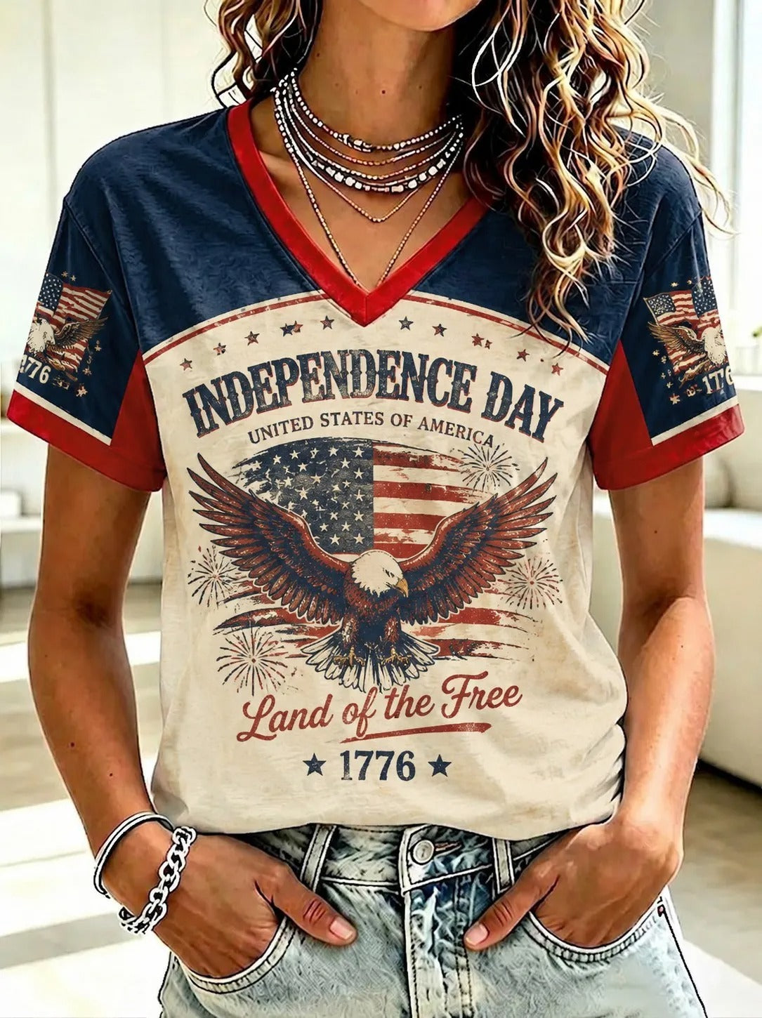 Independence Day Eagle American Flag V-Neck T-Shirt, Vintage Patriotic Shirt, USA Shirt