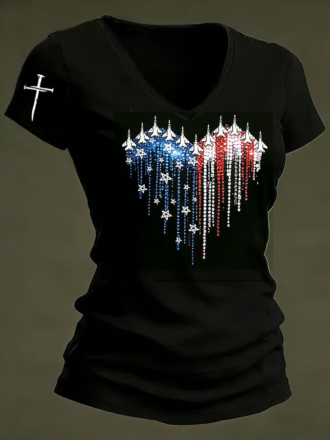Fighter Jet Airplane America Flag V-neck Shirt, USA 250th Anniversary T-Shirt, Independence Day 2026 Gift