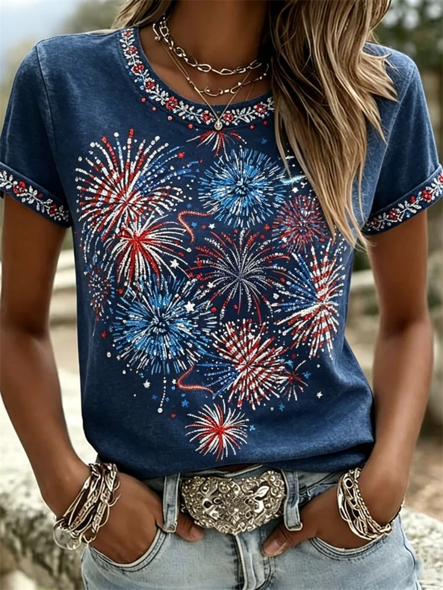 Fireworks Embroidered Look Navy T-Shirt, Independence Day Shirt, Americana Shirt