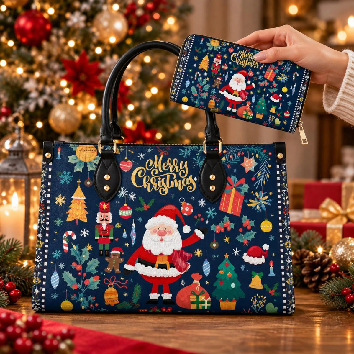 Merry Christmas Santa Leather Handbag, Handbag For Women, Holiday Gift