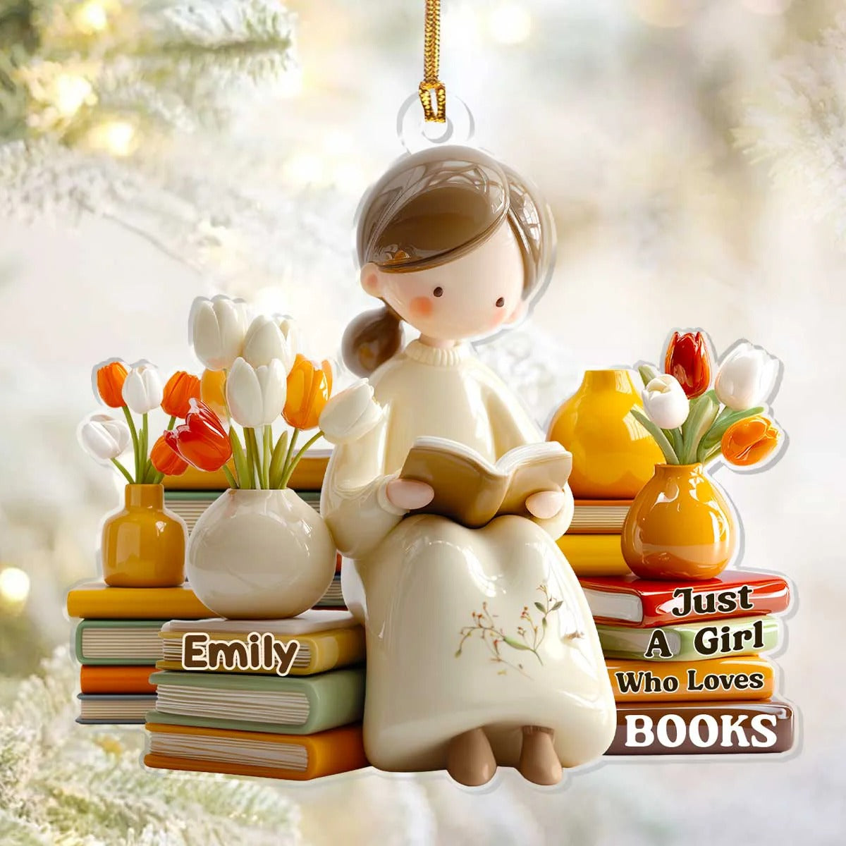 Just A Girl Who Loves Books Tulips Vases Custom Name Acrylic Ornament, Book Ornaments, Christmas Home Decor