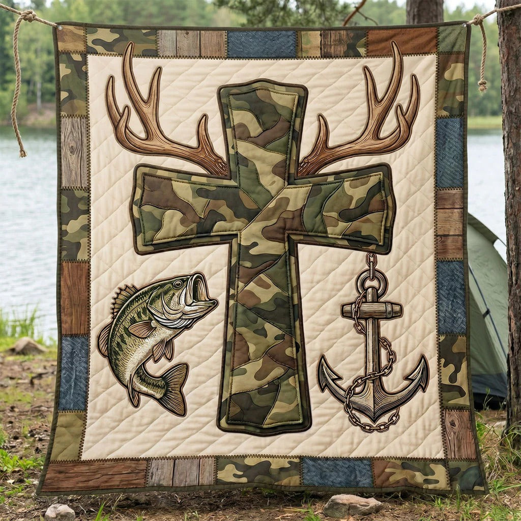 Faith And Outdoors Camo Cross Quilt Blanket, Fishing Blanket, Bedroom Decor