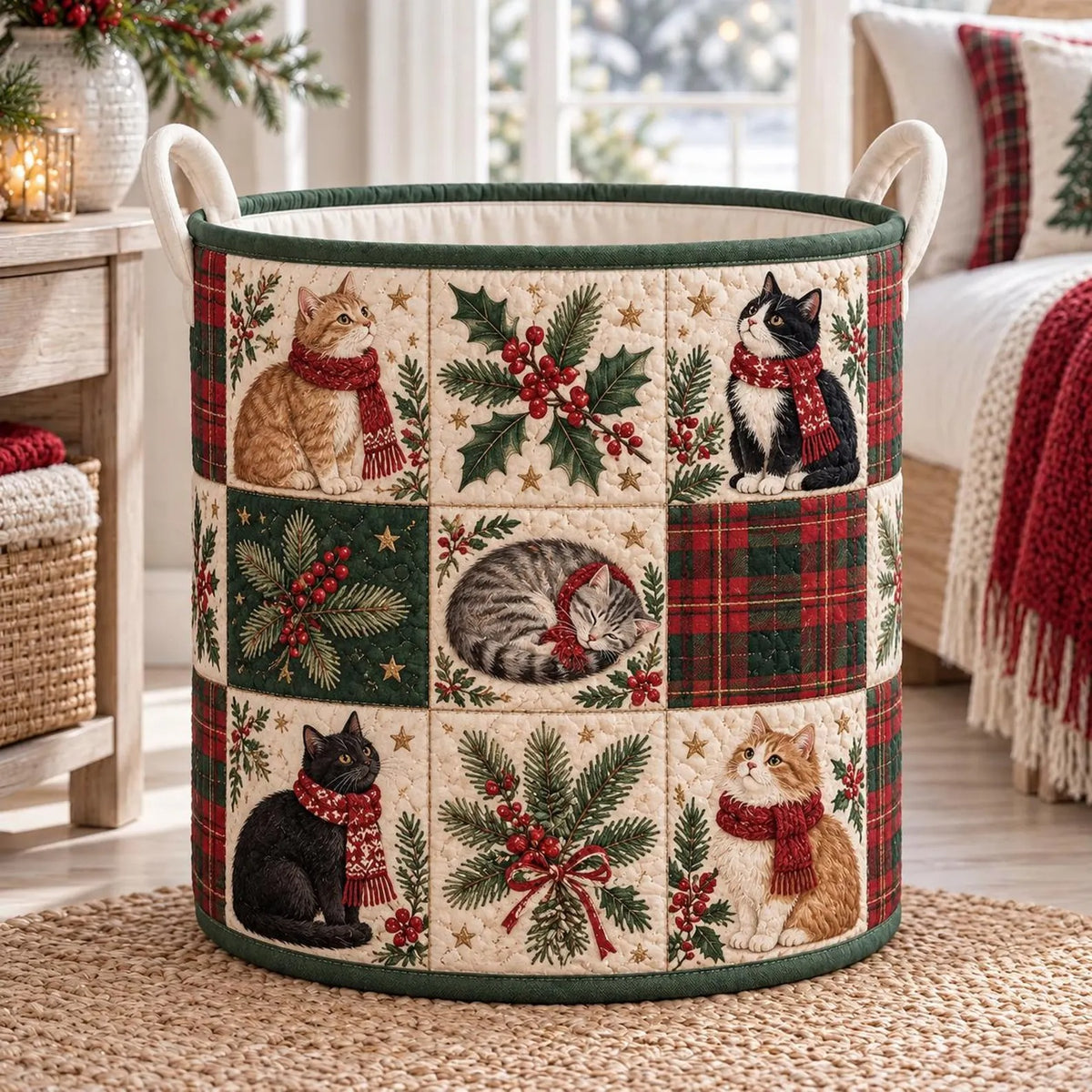 Christmas Cats Plaid Patchwork Laundry Basket, Clothes Hamper, Gift For Cat Lovers