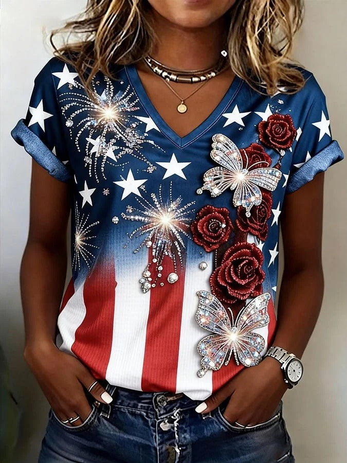 USA 250th Anniversary Fireworks Butterflies Vneck Shirt, 4th Of July Shirt, Patriotic Womens Tee
