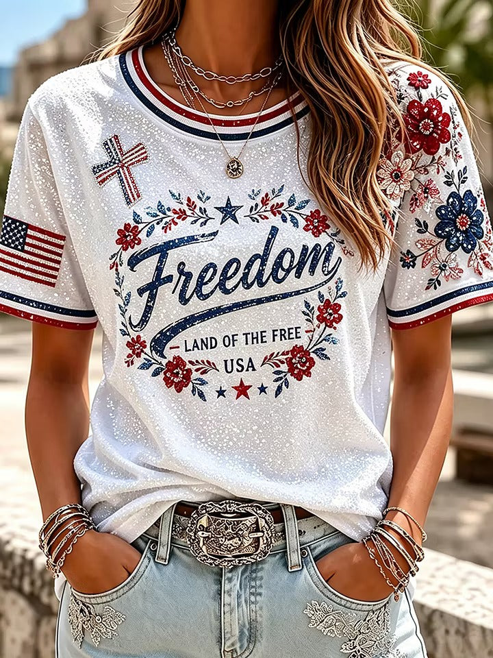 American Floral Flag Glitter 1776–2026 USA Shirt, 4th Of July Shirt, Patriotic Womens Tee