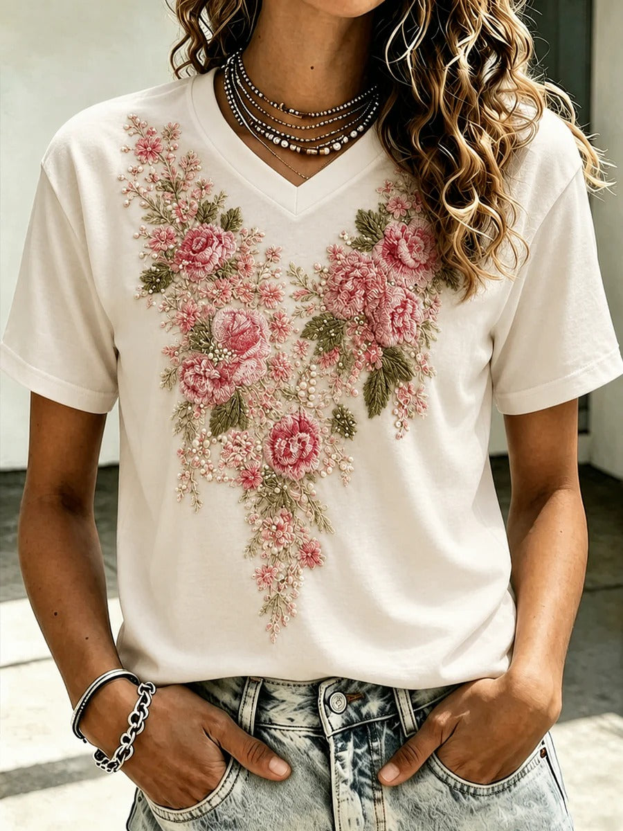 Hope Blooms Pink Floral White V-Neck Shirt, In October We Wear Pink Breast Cancer Shirt
