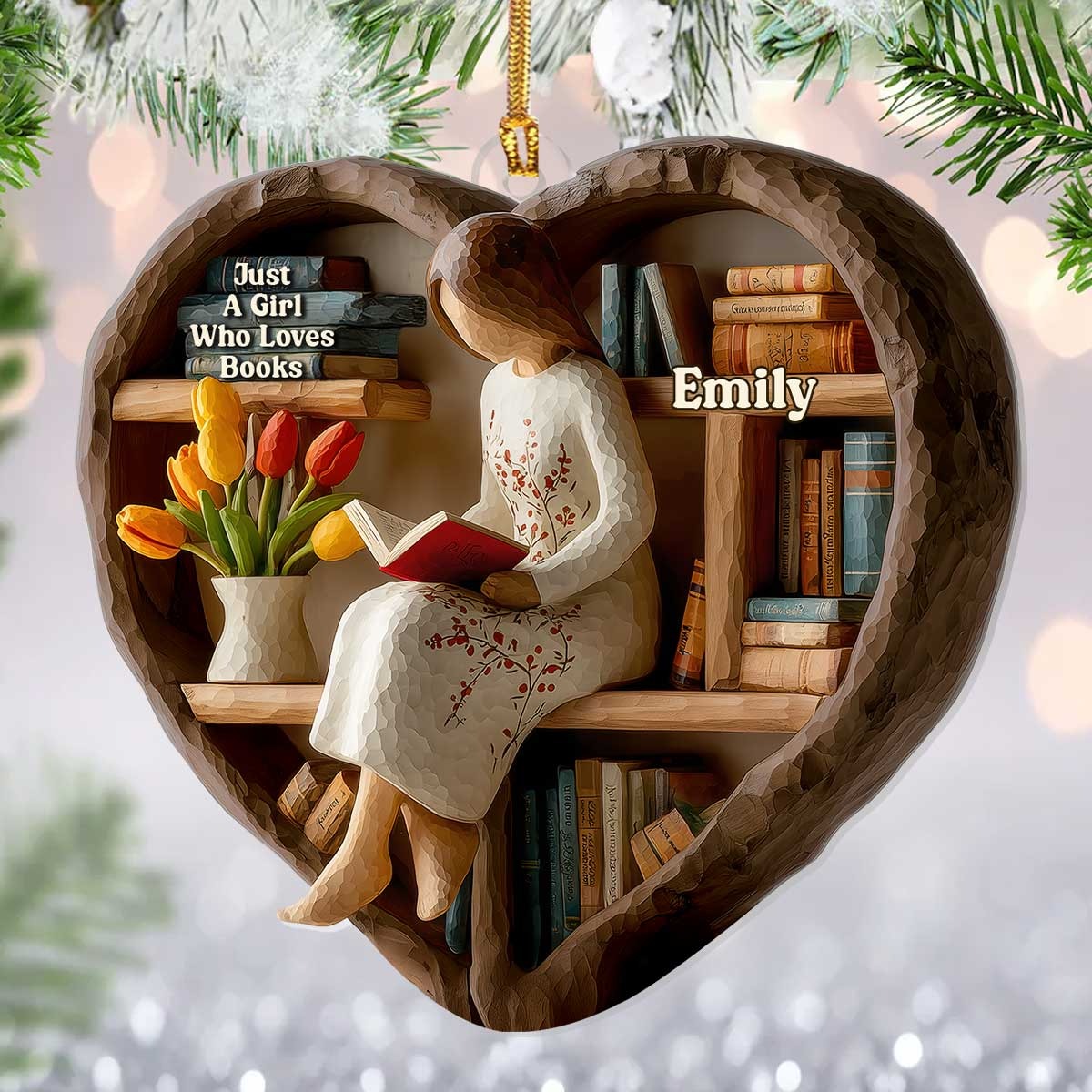 Just A Girl Who Loves Books Custom Name Heart Bookshelf Acrylic Ornament, Christmas Book Ornament, Gifts For Readers