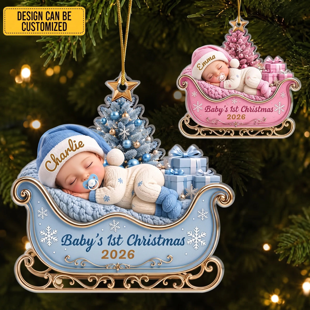 Personalized Baby's First Christmas Sleigh Ornament, Baby Gift, Acrylic Ornament