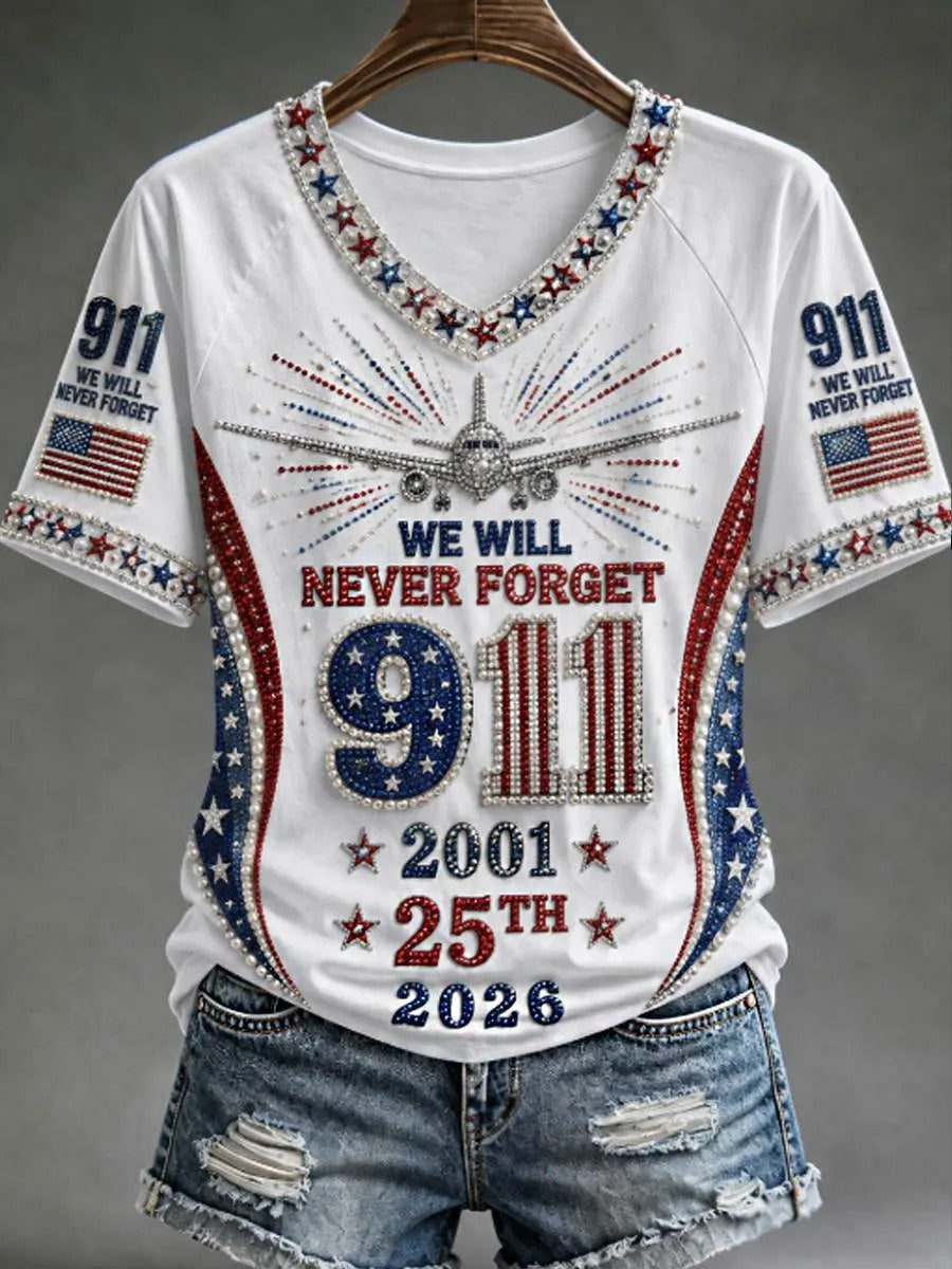 911 Never Forget Shirt, September 11 American Flag Shirt, 25th Anniversary Memorial Womens V-neck