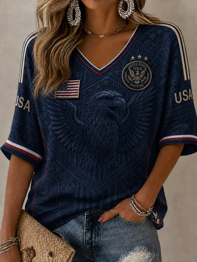 Women's USA Soccer Eagle V Neck Shirt, Patriotic Soccer Fan Shirt, T-Shirts For Women